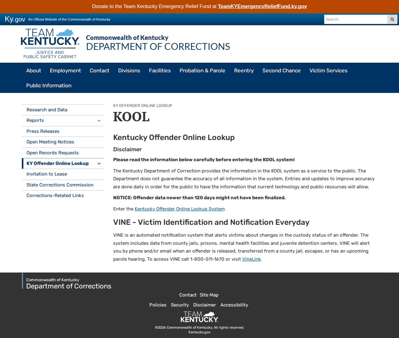 Kentucky Department of Corrections KOOL release search for Montgomery County